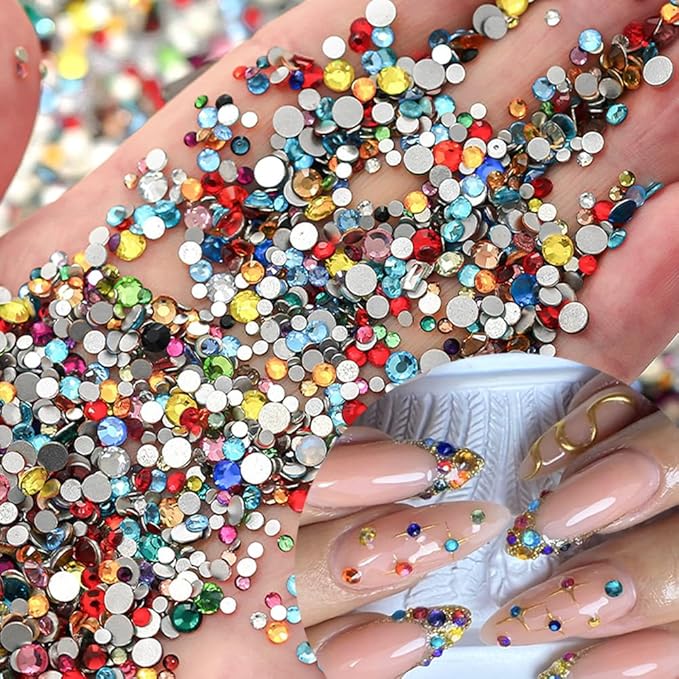 Colorful Rhinestones Nail Art Charm 3D Mini Small Diamond Flat Back Nail Charm Rhinestones Rounded Nail Diamonds Crystal Flatback Nail Gems Bling Nail Jewelry Manicure Decoration Accessories 1440Pcs
