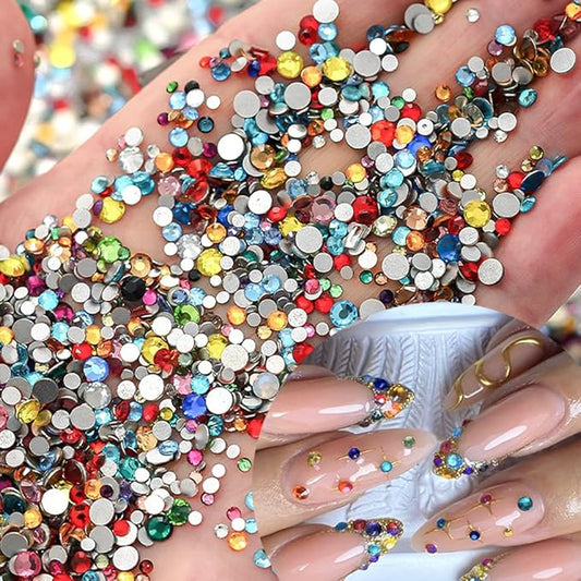 Colorful Rhinestones Nail Art Charm 3D Mini Small Diamond Flat Back Nail Charm Rhinestones Rounded Nail Diamonds Crystal Flatback Nail Gems Bling Nail Jewelry Manicure Decoration Accessories 1440Pcs