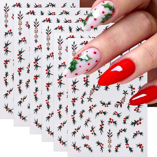 6 Sheets Christmas Nail Art Stickers 3D Self-Adhesive Holly Leaf Nail Decals Green Red Winter Leaf Nails Design Christmas Holiday Nail Art Supplies for Women Acrylic DIY Holiday Manicure Decoration