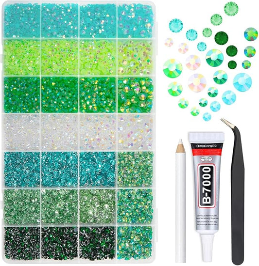 28 Types Green Jelly Resin Rhinestones w B7000 Jewelry Glue for Bedazzling Crafting 3mm-6mm Flatback Colorful Light Green Dark Green AB Stones Gems Diamonds for Nail Face Makeup Crafts Tumblers