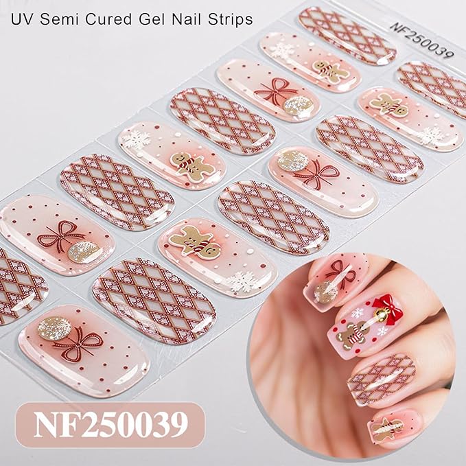 Christmas Semi Cured Gel Nail Strips, 16 Pcs Winter Xmas Gel Nail Stickers Gingerbread Man Bell Snowflake Designs Wraps for UV/Led Manicure Lamp Nails Art Decorations