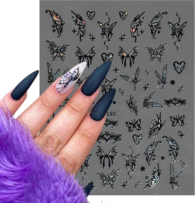 6 Sheets Butterfly Nail Art Stickers Decals 3D Self-Adhesive Holographic Aurora Black and White Butterfly Nail Design Stickers Women DIY Nail Art Decoration