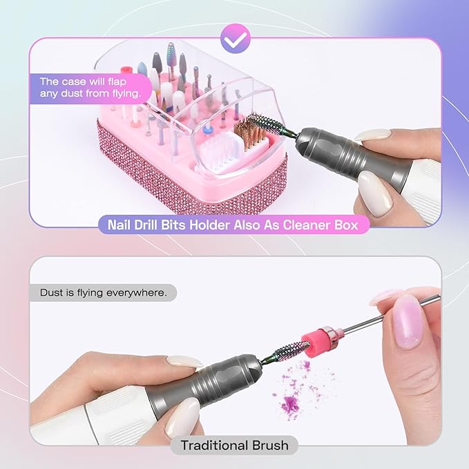 30PCS Nail Drill Bits Set with Holder Case, 3/32 Inch Tungsten Carbide Ceramic Diamond Efile Cuticle Nail Bits Tool, Safety Bits for Acrylic Gel Removal Polish Nail Tech Manicure Pedicure, Home Salon