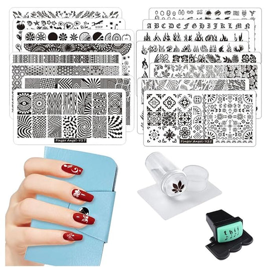21Pcs Nail Stamp Plate Set 16Pcs Mix Design Stamping nail Art Plate + 2Nail Stamper + 2Scraper+1Pcs Case Nails Art Stamping Plate Scraper Stamper Set Leaves Flowers Nail plate V17-32