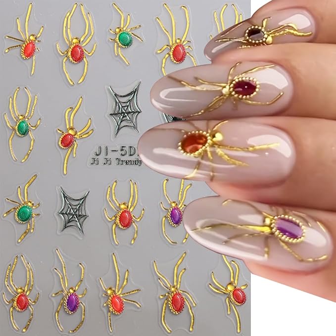 2 Sheets Halloween Nail Sticker for Nail Art 5D Embossed Spider Web Nail Art Stickers Rhinestone Spider Ghost Golden Edge Design Stickers Gothic Nail Decal Nail Art Supplies for Women Acrylic