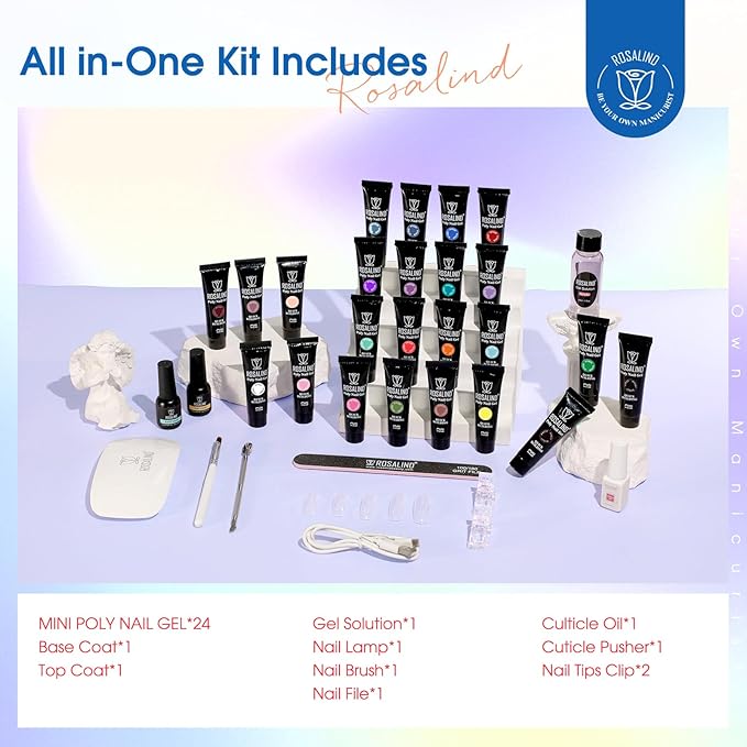 ROSALIND Poly Nail Gel Kit -24 Colors with Accessories Neon Poly Nails Gel Starter Kit with Slip Solution Mini UV Lamp Base Top Coat, Halloween All Seasons Classic Colors Poly Extension Gels Nails Kit