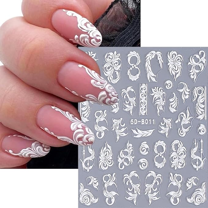2 Sheets Embossed Flowers Nail Art Stickers Self-Adhesive White Vine Pattern Nail Supplies 5D Flower Nail Stickers for Nail Art Spring Floral Nail Decals for Women Girls DIY Nail Decoration