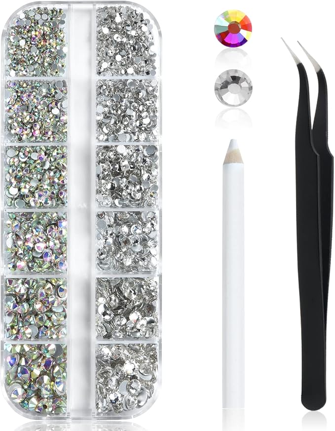 2448 Pieces Clear Flat Back Gems 6 Sizes Round Crystal Rhinestones for nails with Pick Up Tweezer and Rhinestones Picking Pen for Crafts Face Art Clothes Shoes Bags（AB&clear）