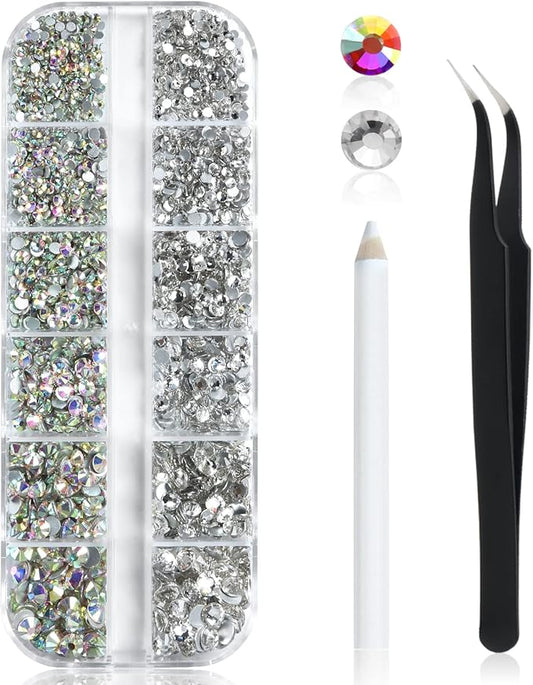 2448 Pieces Clear Flat Back Gems 6 Sizes Round Crystal Rhinestones for nails with Pick Up Tweezer and Rhinestones Picking Pen for Crafts Face Art Clothes Shoes Bags（AB&clear）