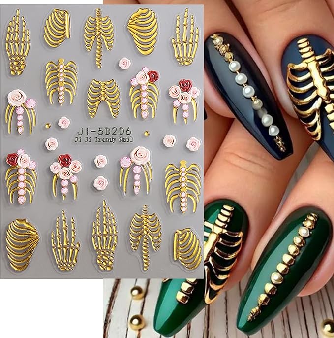 3Sheets Halloween Nail Art Stickers 5D Embossed Skeleton Nail Decals with Rose Flower Design Nail Stickers Self-Adhesive Skull Hand Bones Nail Decal Gothic Nail Sticker for Women DIY Nails Decoration