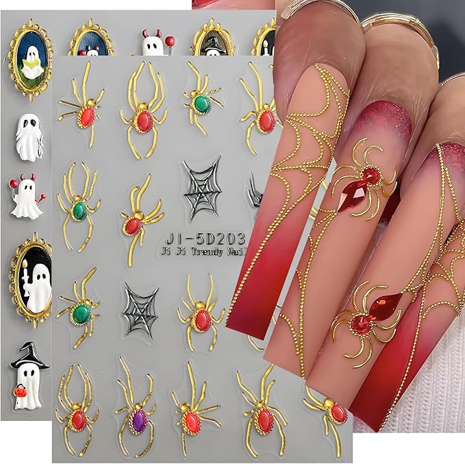 2Pcs Retro Halloween Nail Stickers Spider Web Decals for Nail Art Pumpkin Ghost Nail Design 5D Embossed Spider Nails Supplies Ghost Mirrors Nails Acrylic Accessories for Women DIY Manicure Decoration
