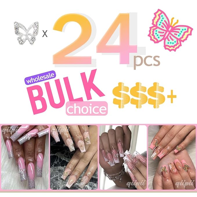 24pcs Silver Butterfly Nail Charms Bulk 3D Charms for Acrylic Nails, Butterflies Nail Rhinestones Charms Nail Alloy Studs Nail Art Jewels Diamonds Gems Decor Supplies for Nails Face Makeup DIY