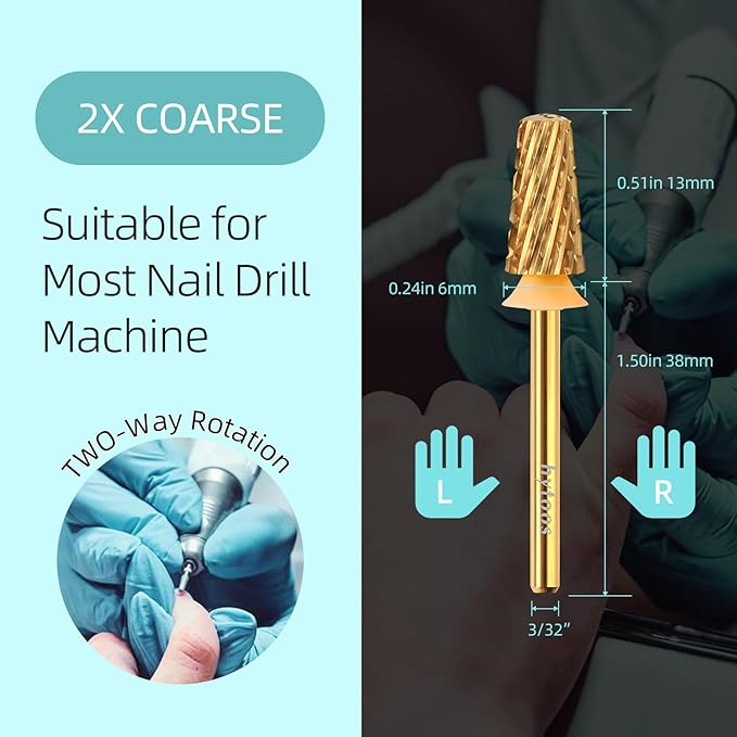 Safety Nail Drill Bits,Titanium Coating Carbide Tapered Nail Bit, 3/32 Two-way Smooth Top Rotate Drill Bits for Nails, Manicure Drills Accessories Removal Thick Gel, 2XC