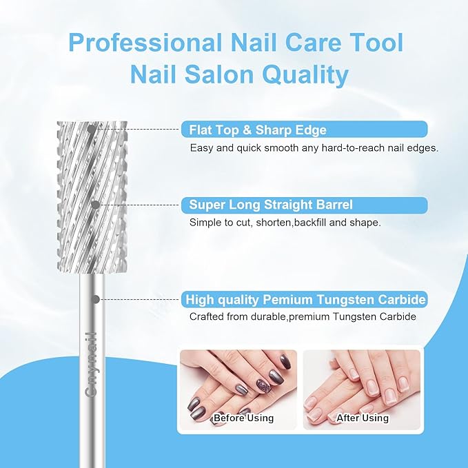 3/32" Large Barrel Bit Tungsten Carbide Nail Drill Bit Safety Bit for Gel & Acrylic Removal, 2- Way Rotating Efile Tip, Salon Electric File Accessory (XC Girt, Silver)