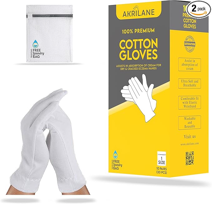 1 Size 10 Pairs 100% Premium Cotton Gloves for Dry Hands | Moisturizing Overnight Gloves for Eczema, Psoriasis & Skin Spa Treatment for Women & Men | Washable & Reusable with Free Laundry Bag
