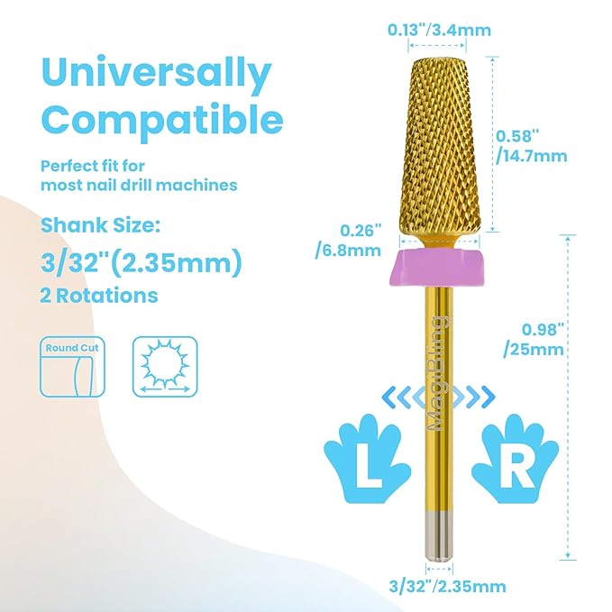 Nail Drill Bits 5 in 1 Tapered Barrel, 3/32'' Safety Tungsten Carbide Bits, Two-way Rotation, Suitable for Manicure Pedicure Cuticle Gel Polishing, Technicians Bits, Grit: Double Fine.