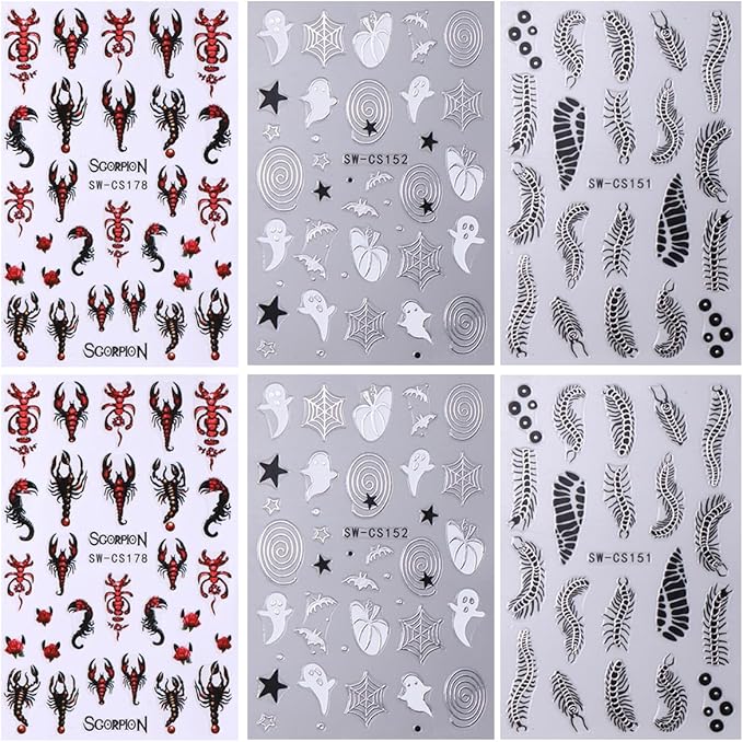 Halloween Nail Stickers, 3D Self-Adhesive Cute Ghost Nail Art Decals, DIY Holiday Nail Decoration Supplies Charms for Women and Girls, Autumn Nail Art, 6 Sheets