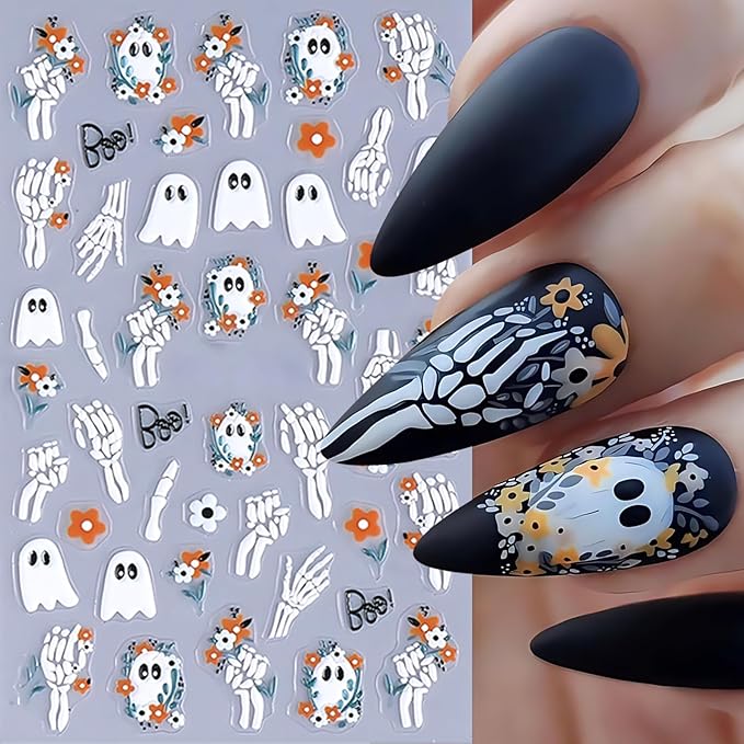 8 Sheets Cute Ghost Nail Stickers for Nail Art,5d Embossed Cute Ghost Nail Art Stickers Self Adhesive Pumpkin Spider Web Nail Decals Skeleton Flower Manicure Sliders for Women Nails Decorations