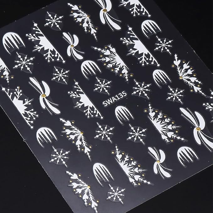 Christmas Nail Art Stickers Decals Snowflake Nail Decals 6PCS White Black Snowflake Gold French Stripe Tips Heart 3D Self-Adhesive Christmas Nail Stickers for Women Holiday DIY Nail Art Decorations