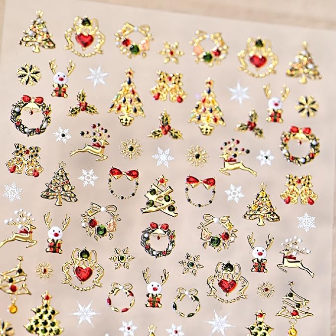 1 Sheets Shining Christmas Nail Art Stickers 5D Embossed Christmas Tree Nail Stickers Wreath Christmas Elements with Rhinestones Nail Decals Acrylic Nail Supplies for Women Girls DIY Nail Salons