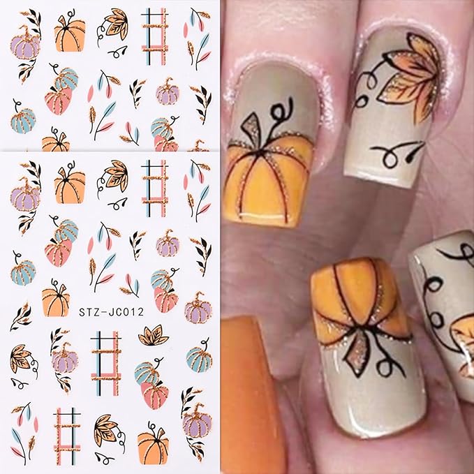 6 Sheets Fall Nail Stickers for Nail Art Orange Red Maple Leaves Nail Art Stickers Glitter Thanksgiving Pumpkin Nail Decals 3D Self-Adhesive Autumn Maple Leaf Nail Decoration for Women