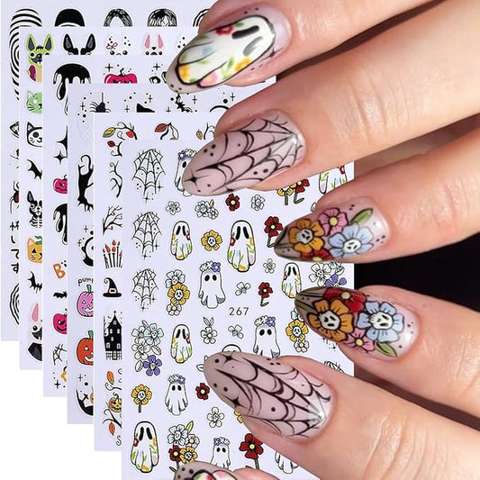 Halloween Nail Art Stickers Decals 3D Halloween Nail Stickers for Nail Art 6PCS Ghost Spiders Web Bat Pumpkin Black Cat Self-Adhesive Nail Art Design Manicure Sliders for Women DIY Nail Decorations
