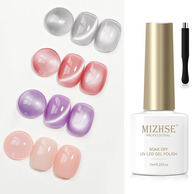 MIZHSE Cat Eye Gel Nail Polish, Moonlight Magnetic Gel Polish and Sheer Nude Nail Kit with 1 Magnet Stick, Glass Shiny Effect Silver Pink Purple Soak Off Manicure Home DIY