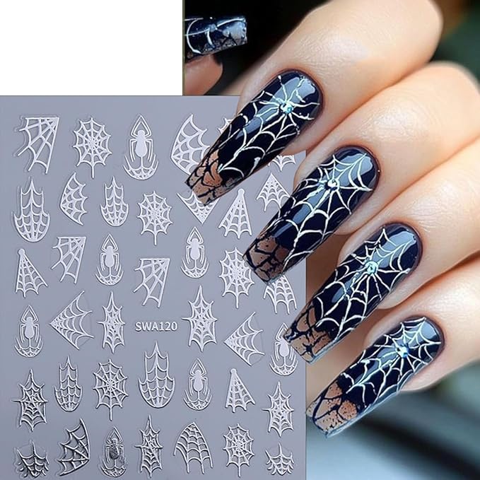 8Pcs Spider Nail Art Stickers 3D Self Adhesive Horror Goth Nail Decals Black White Gold Silver Halloween Nail Stickers Holiday Nail Design Supplies Spider Web Sticker for Women Manicure Decoration