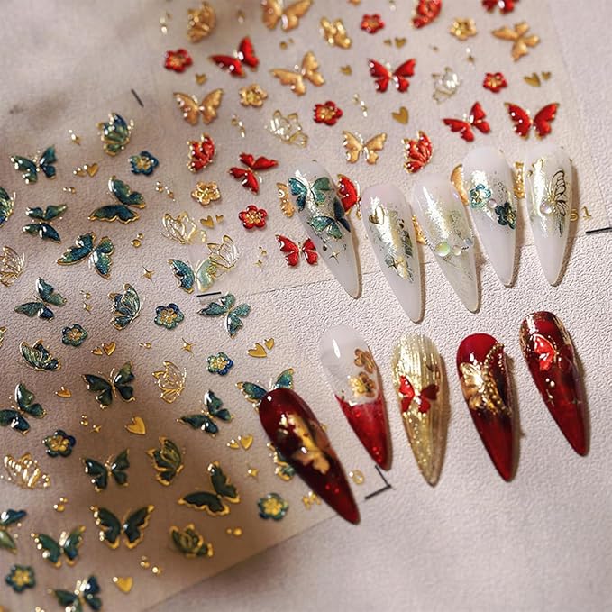 Butterfly Nail Art Stickers Decals 5D Embossed Butterfly Nail Decals Green Butterfly Gold Heart Star Nail Stickers Self Adhesive Nail Decals Cute Butterfly Nail Stickers for Women Manicure Nails Art
