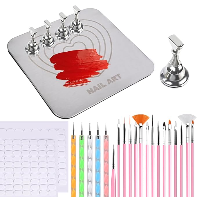 Nail Stand Brush Set, Magnetic Stands with Metal Base Art Palette, Reusable Nail Tips Display Practice Acrylic Holder with 200pcs Sticky Tabs and Tools for Home DIY Salon Supplies-Sliver