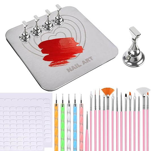 Nail Stand Brush Set, Magnetic Stands with Metal Base Art Palette, Reusable Nail Tips Display Practice Acrylic Holder with 200pcs Sticky Tabs and Tools for Home DIY Salon Supplies-Sliver