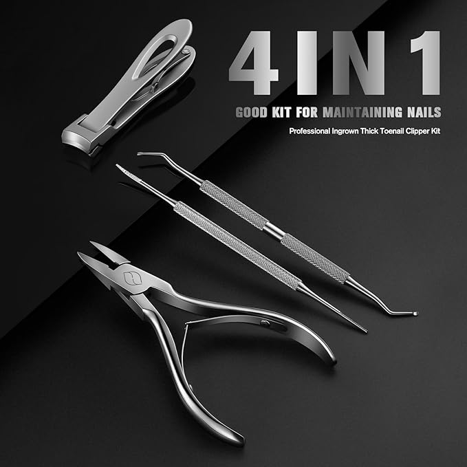 FERYES 4PCS Ingrown Toenail Kit – Toenail Clippers for Thick and Ingrown Toenails, Toe Nail Clipper with Thick Toenail File and Toenail Lifter - Complete Toenail Care Set for Men and Women, Silver