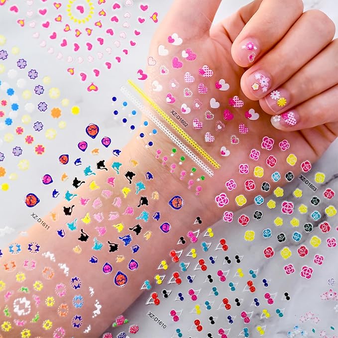 30 Sheets Flower Nail Art Stickers 3D Self-Adhesive Nail Decals Colorful Floral Designs Cute Heart Star Nail Decoration Spring Summer DIY Nail Decorations for Women Manicure Tip