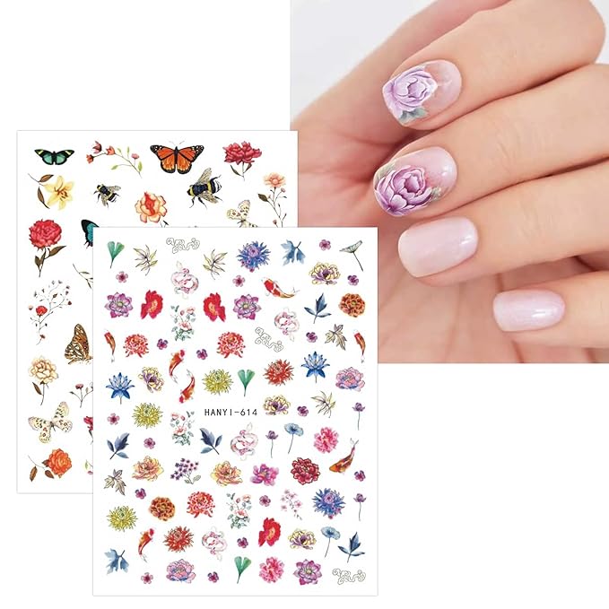 JMEOWIO 9 Sheets Spring Flower Nail Art Stickers Decals Self-Adhesive Pegatinas Uñas Summer Colorful Floral Nail Supplies Nail Art Design Decoration Accessories