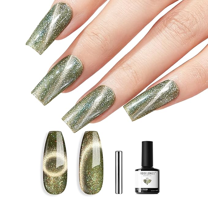 modelones Cat Eye Gel Nail Polish Glitter Green Polish with Magnet Sparkle Galaxy Series Nail Polish Soak Off Led Reflective Nail Art Gel Top Coat Manicure Salon DIY 15 ML