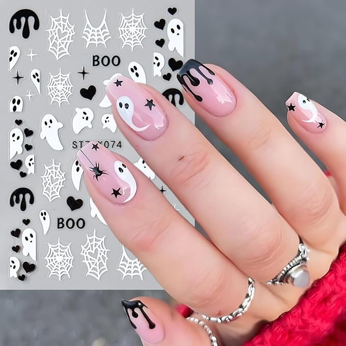 6pcs Ghost Halloween Nails Stickers with Tweezers Heart Spider Web Blood Dripping Spiders Boo Cute Ghost Goth Nails Decals Halloween Art Party Nail Supplies for Women DIY Nail Charms Decorations