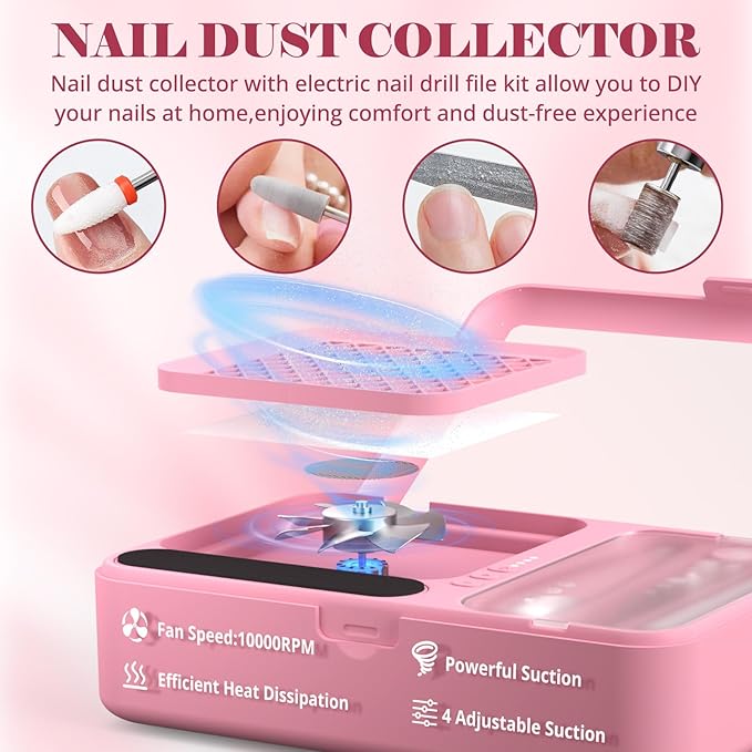 Nail Dust Collector and Cordless Electric Nail Drill File Kit, Professional Portable Manicure Pedicure, 13 Bits, HPro Powerful Dust Suction Machine for Home Salon - Pink