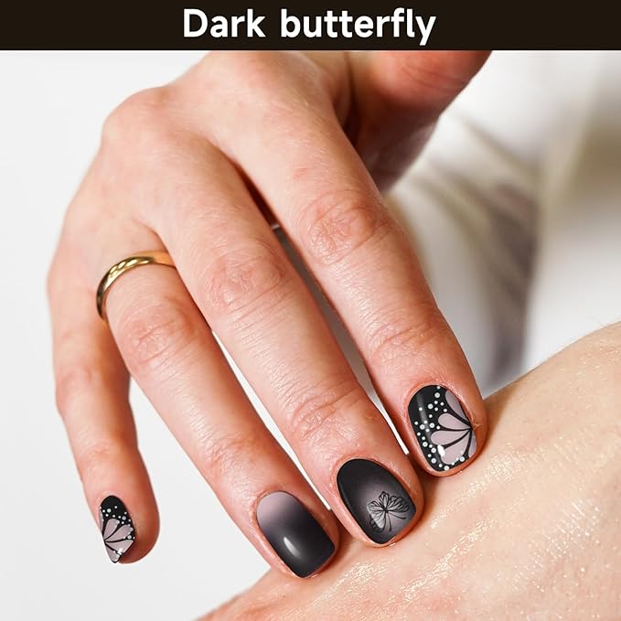 Semi Cured Gel Nail Strips, Dark Butterfly | 28 pcs Gel Nail Strips Work with Any UV Lamp, Salon Quality UV Nails Stickers, Easy to Apply for Home Nails DIY