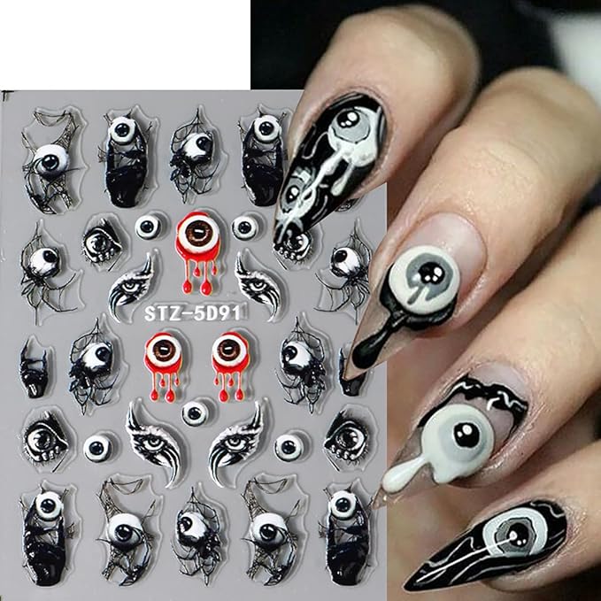 8 Sheets Halloween Nail Art Stickers - Goth Ghost, Skeleton Skull Spider Nail Decals - 3D, 5D Black Wing Nail Supplies - DIY French Manicure