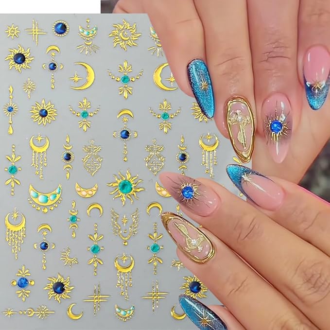 3 Sheets Star Moon Nail Stickers 5D Embossed Gold Stars Nail Art Stickers Shiny Star with Diamond Love Heart Sun Self-Adhesive Designs Chrome Nail Decals for Women DIY Decor Accessories
