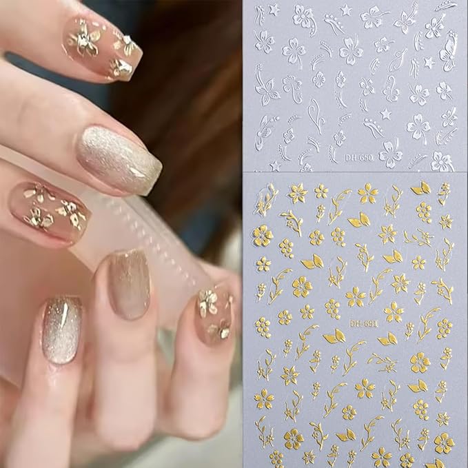 6 Sheets Flower Nail Stickers 3D Metallic Flower Leaf Nails Decals White Silver Gold Floral Nail Art Stickers Self Adhesive Hibiscus Flowers Nail Art Design Sticker for Women DIY Nail Accessories