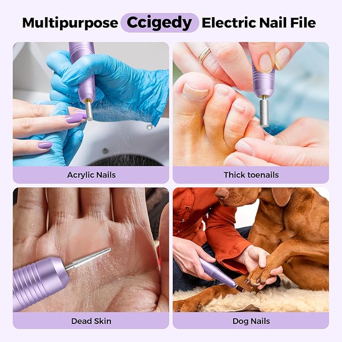 Cordless Electric Nail Drill File Kit Professional Portable Electric Nail File Set Machine for Acrylic Gel Nails,Toenail Hand Feet Care,9 Speed with LED Display Ideal Gift for Men and Women-Purple