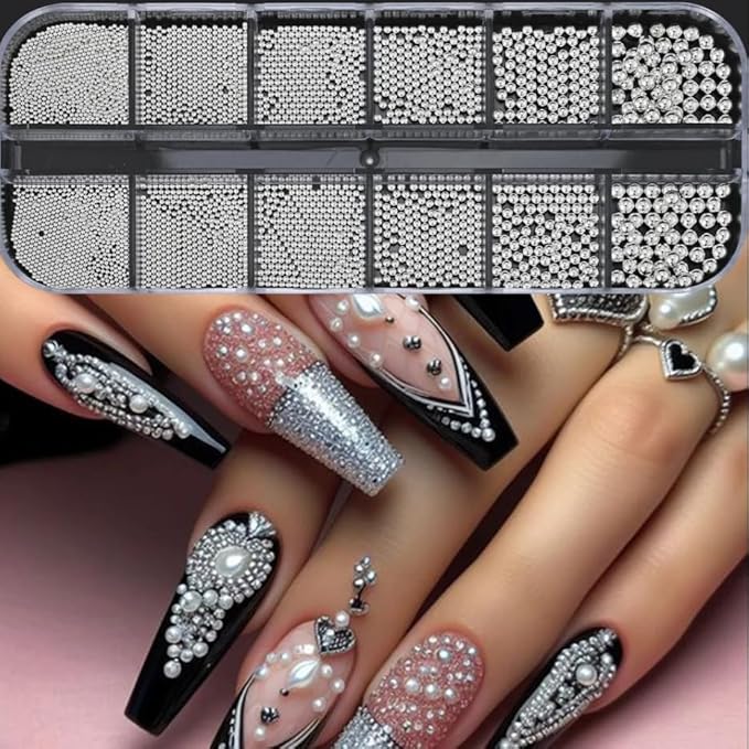 0.8mm Caviar Beads for Nails 6Sizes Mini Small Stainless Steel Beads Nails Art Decorations Gun Grey Rose Gold Caviar DIY Tool Nail Studs Accessories Gold Charms for Nails (Silver)