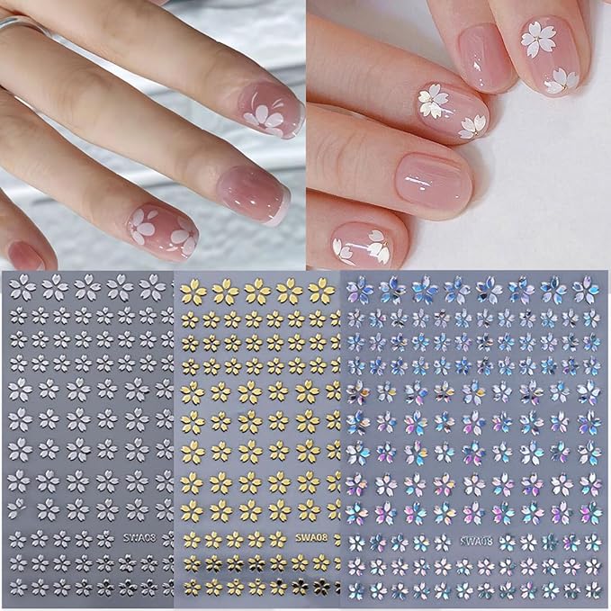 Flower Nail Art Stickers Decals 3D Self-Adhesive Laser Gold Sliver Cherry Bblossoms Flowers Nail Design Sticker Floral Spring Nail Art Supplies for Women and Girls Acrylic Nail Decoration 6 Sheets