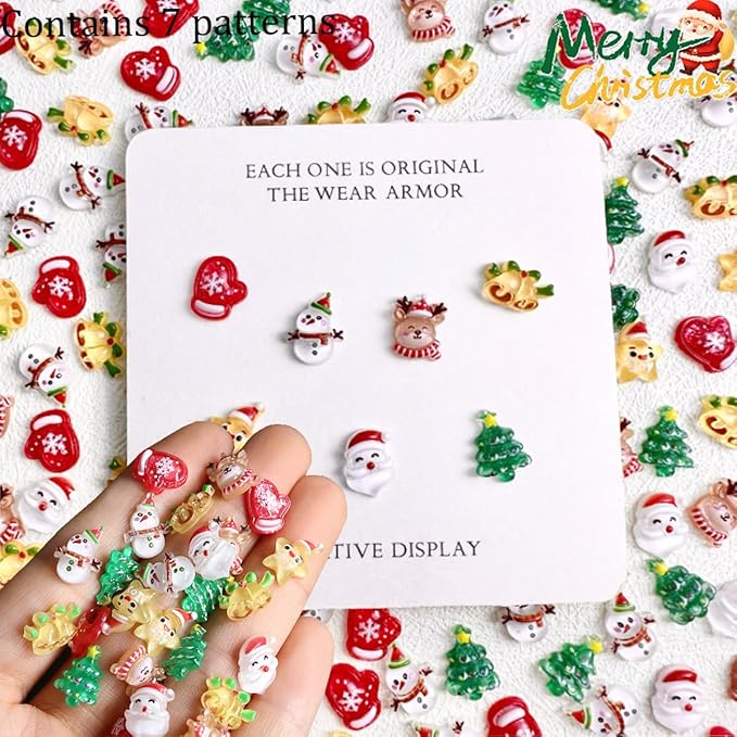 100Pcs Christmas Nail Charms and Gems 3D Christmas Tree Santa Claus Snowman Deer Nail Rhinestones Jewelry Supply Christmas Xmas Nail Art Charms for Women DIY Manicure Holiday Party Nails Decoration