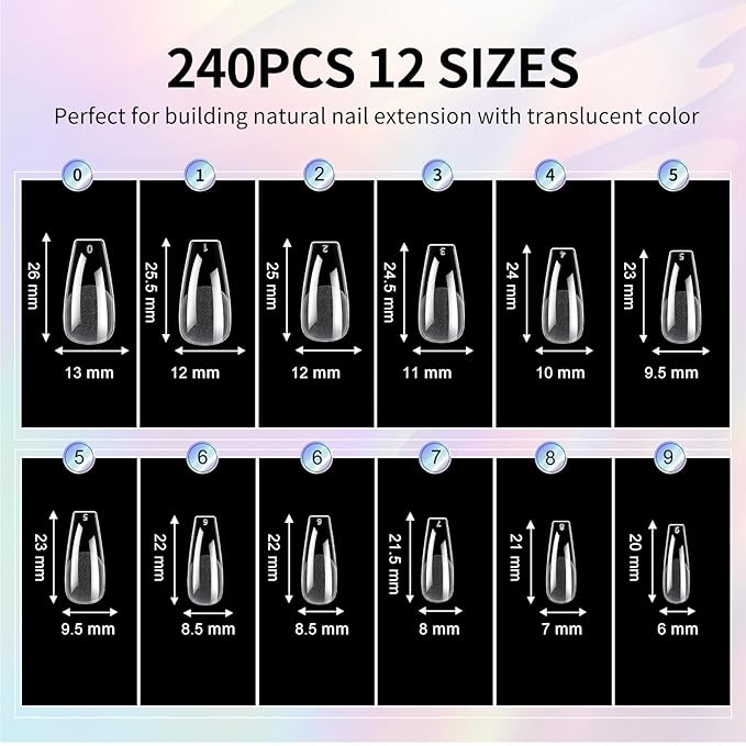 Coffin Nail Tips Medium Coffin Soft Gel Nail Tips 240Pcs Acrylic Full Cover Pre-Shape Nails Tips Half Matte Clear Nails for Nail Extension Manicure Home DIY Salon 12 Sizes Gelly False Nails
