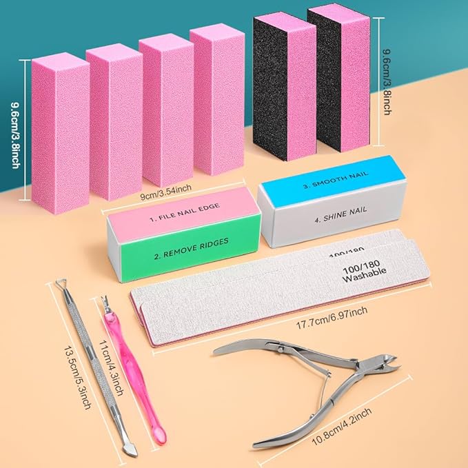 TsMADDTs Nail Files and Buffers, 13PCS Nail Kit with 3-Way Sanding Block, 4-Way Buffing Block, 100/180 Files, Cuticle Nippers & Cuticle Pusher