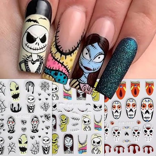 3 Sheets Halloween Nail Art Stickers Decals Pink Skull Spider Web Sugar Skull Nail Decoration 3D Self-Adhesive Nightmare Christmas Stickers for Women Girls