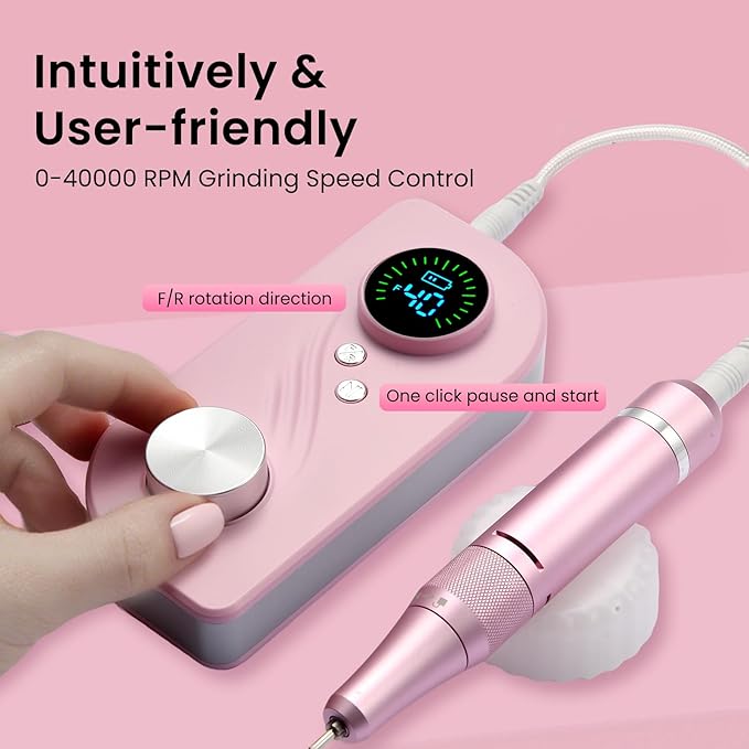 Electric Nail Drill Kit for Beginners Professional Nail Drill Machine for Home Use 40000RPM Portable Quite E-File for Acrylic Nails Polishing& Shaping&Removing with 7 Drill Bits for Home & Salon Use
