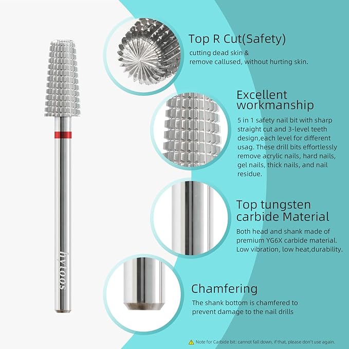 Mini 5 in 1 Nail Drill Bit, 10mm Tapered Drill Bits for Nails, 3/32" Two-way Professional Safety Carbide Nail Bits, Electric Manicure Acrylic Gel Polish Cuticle Clean Removal Tool, Fine